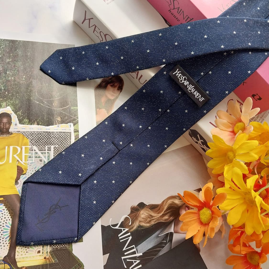 입생로랑 실크 네이비 스타 자수 넥타이 8cm A+~A등급 K2558 상품이미지4
