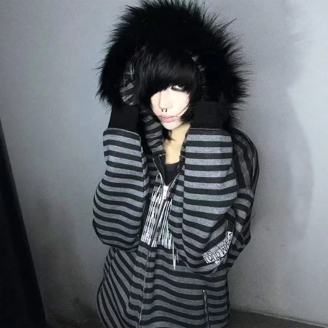 퍼 후드 스트라이프 그런지 집업 상품이미지3