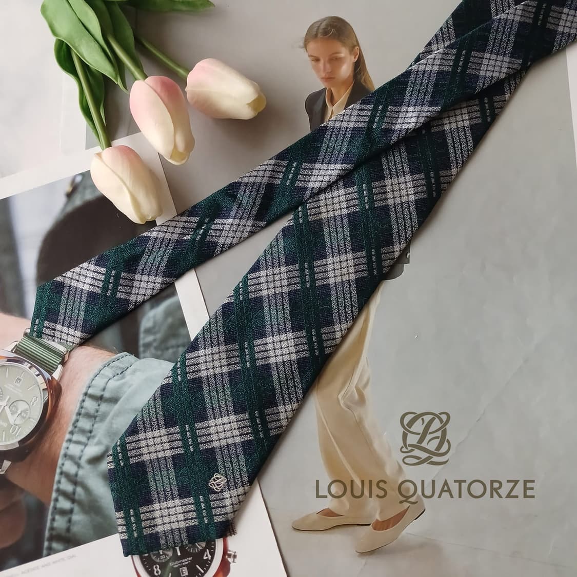 루이까또즈 실크 그린 체크 넥타이 7.5cm A+등급 A19384
 상품이미지1