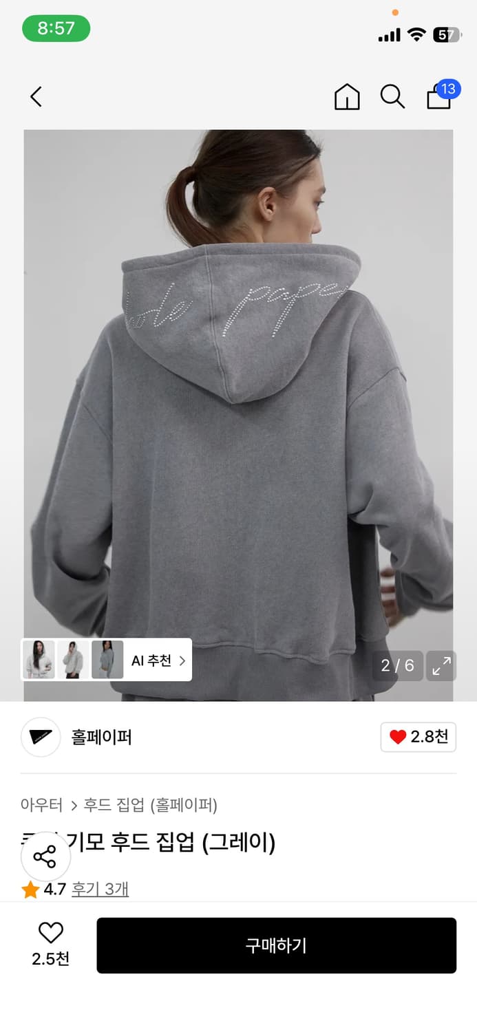 홀페이퍼 큐빅 후드 집업 그레이 상품이미지2