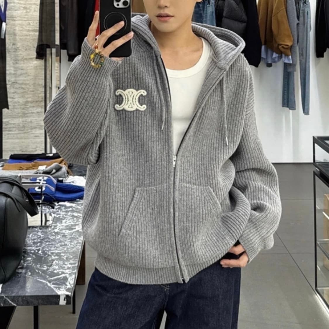 [S+급/오버핏M] 25FW 셀린느 트리오페 울 리브드 니트 후드집업 상품이미지8