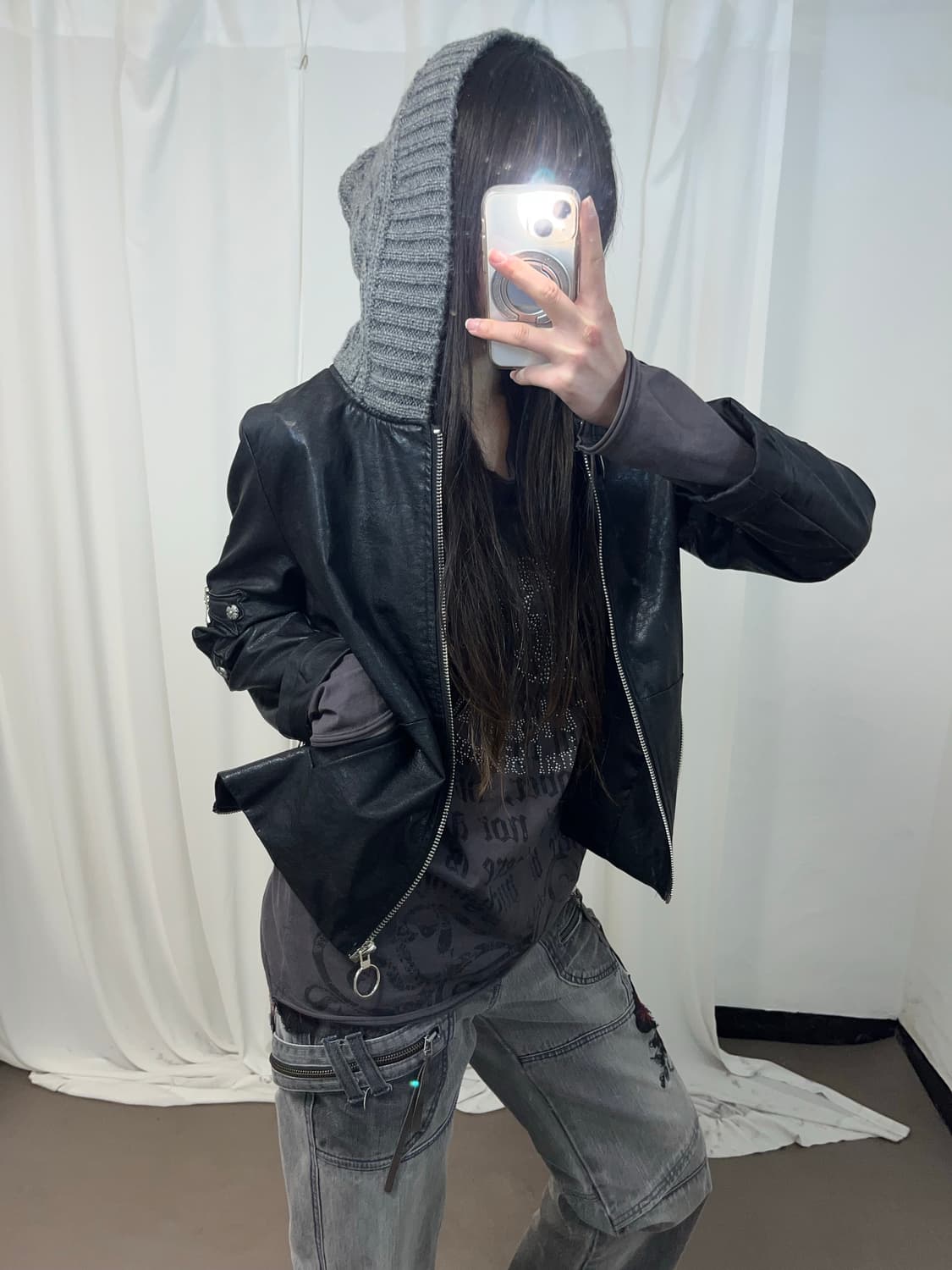 십자가 니트 후드 레더 자켓 상품이미지4