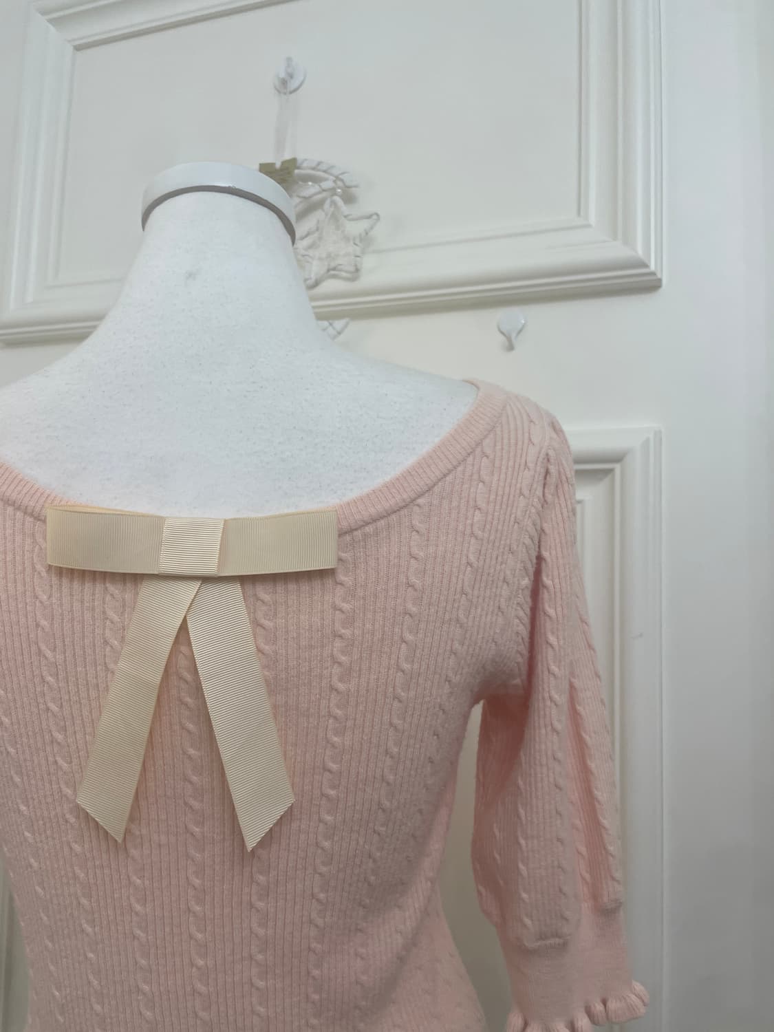 coral pink twist back bow half knit top 상품이미지5