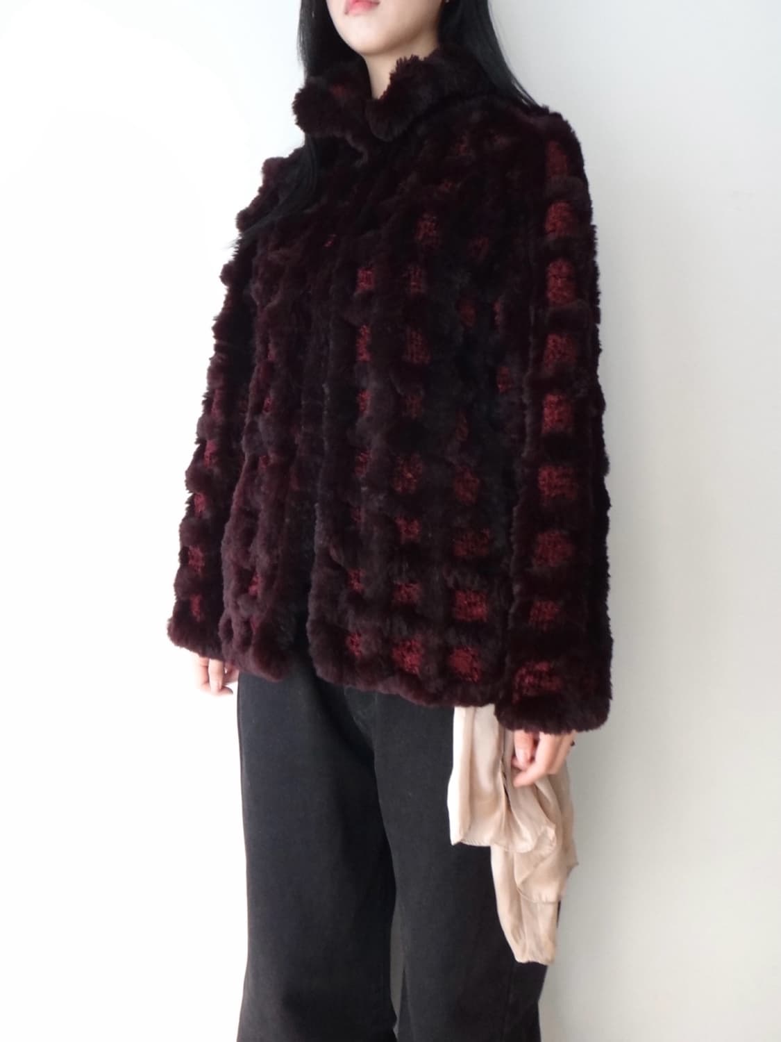 Grid fur mix jacket / burgundy 상품이미지7