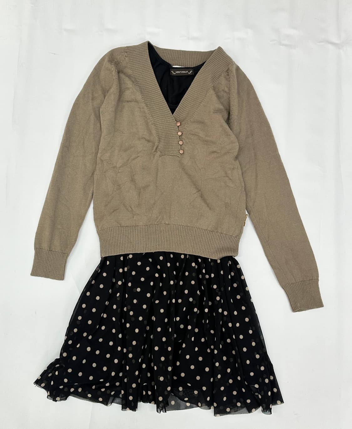 🤎도트 괴짜 모리걸 코디세트🤎 브이넥 니트 도트원피스 레이어드 스커트 상품이미지2