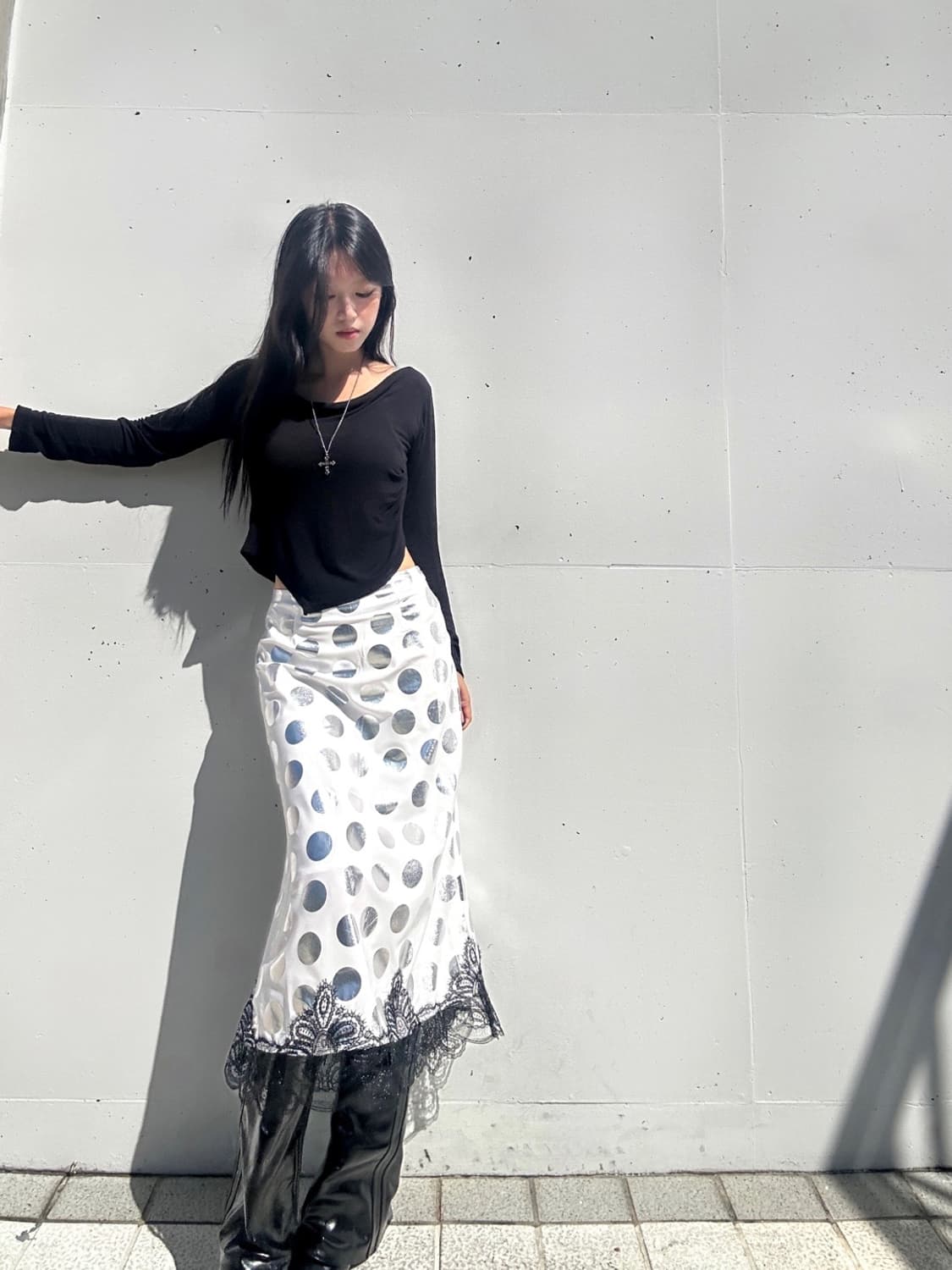 Dot lace long skirt / white 상품이미지1