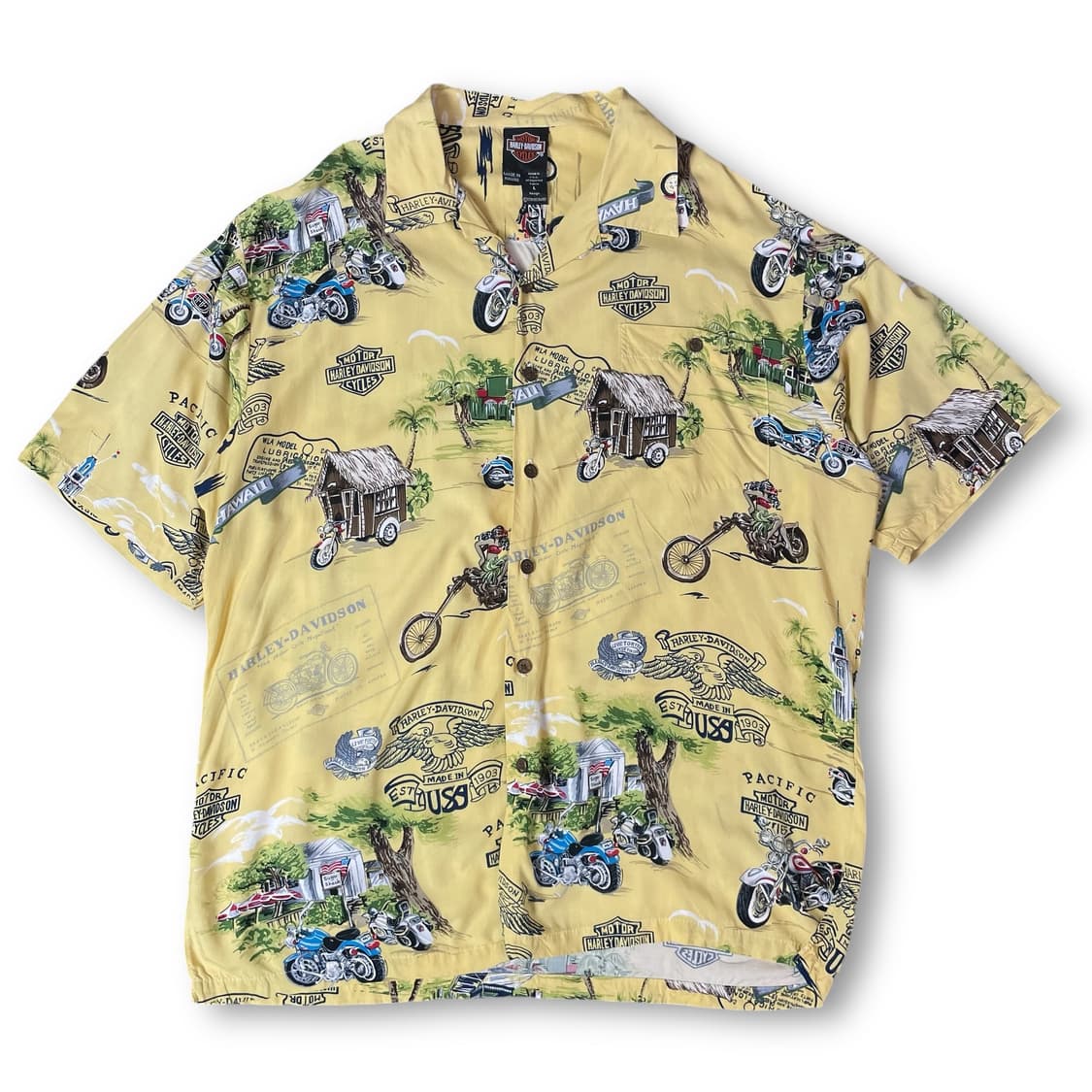 할리데이비슨 옐로우 야자수 하와이안 반팔 셔츠 L 상품이미지1