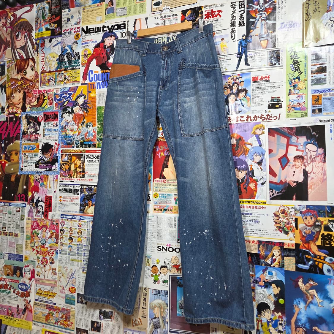 스플래터 워싱 가죽 포인트 데미지 데님 팬츠 상품이미지2