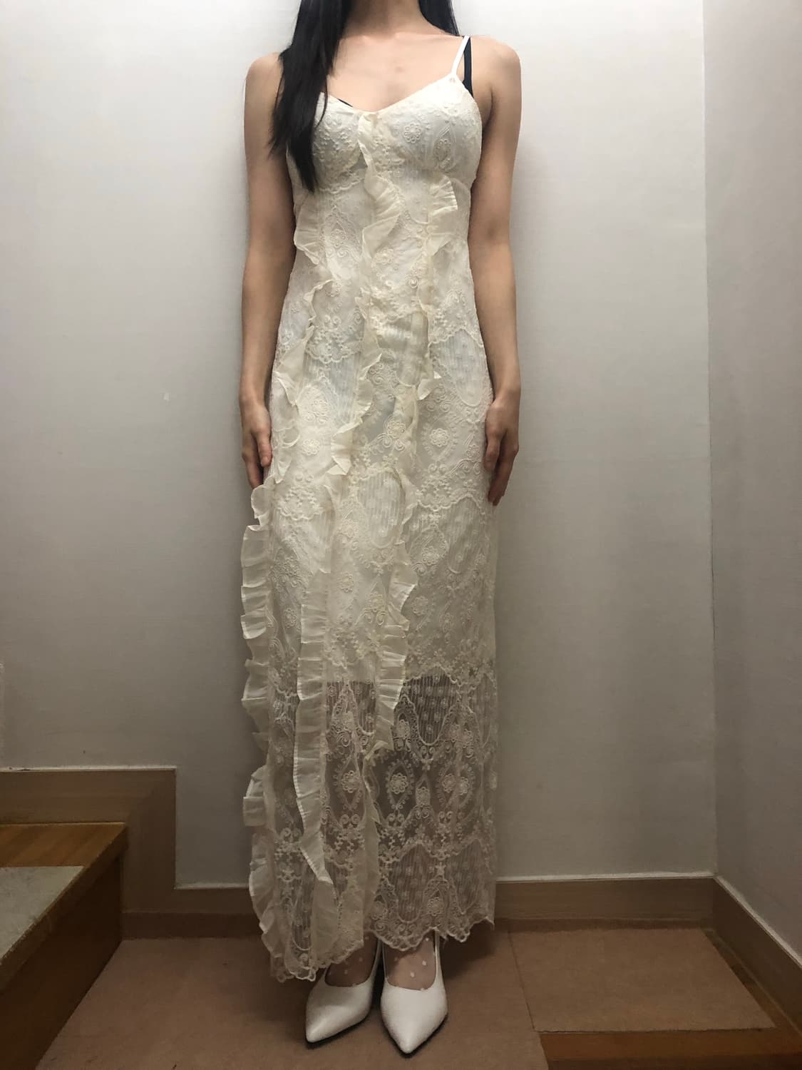 빈티지 아이보리 프릴 레이스 롱 원피스 상품이미지5