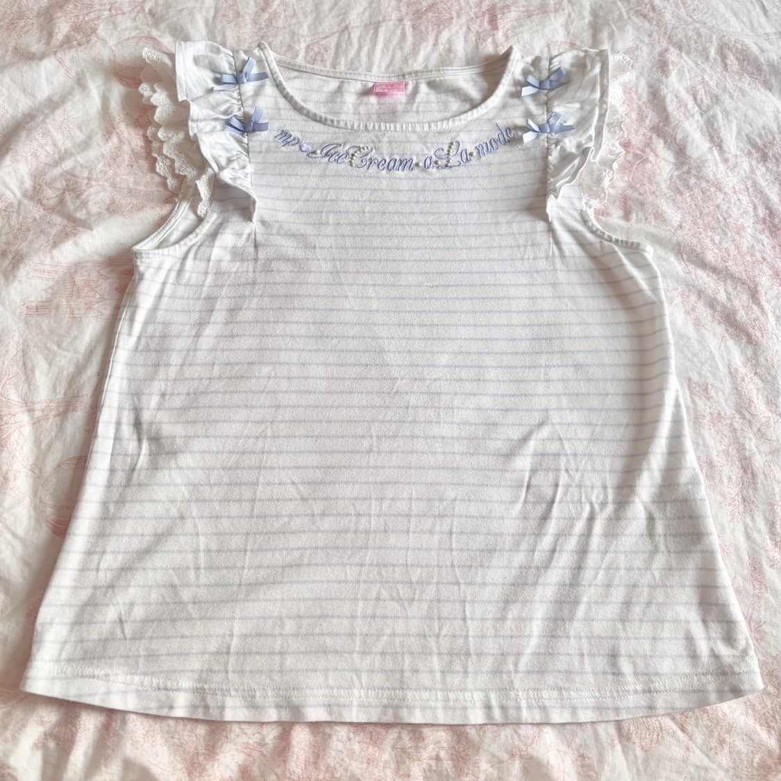 메조피아노 화이트 블루 리본 레이스 민소매 티셔츠 프릴 빈티지 일브 히메 상품이미지1