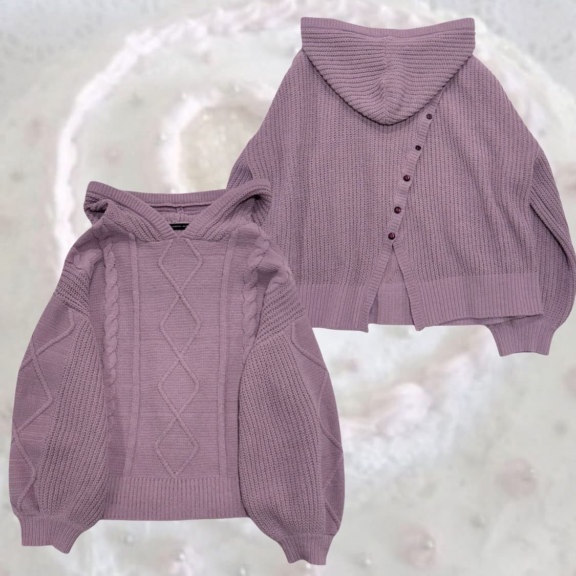 일본 빈티지 연보라 뒷 절개 버튼 포인트 니트 후드 티 상품이미지1