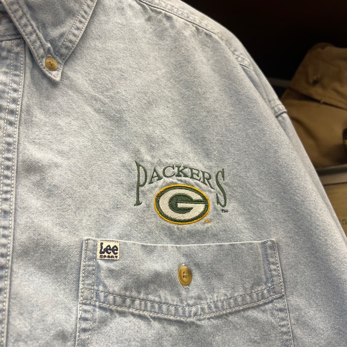 90s LEE 리 스포츠 오리지널 NFL 그린베이 패커스 자수 데님 셔츠 상품이미지4