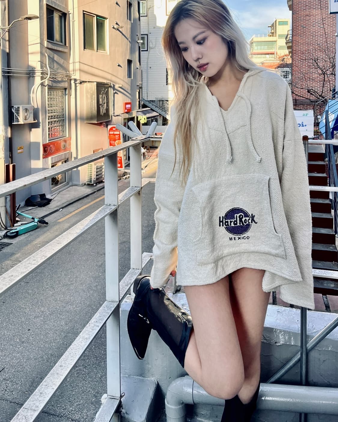 하드락카페 오버핏 코튼니트 후드티 상품이미지1