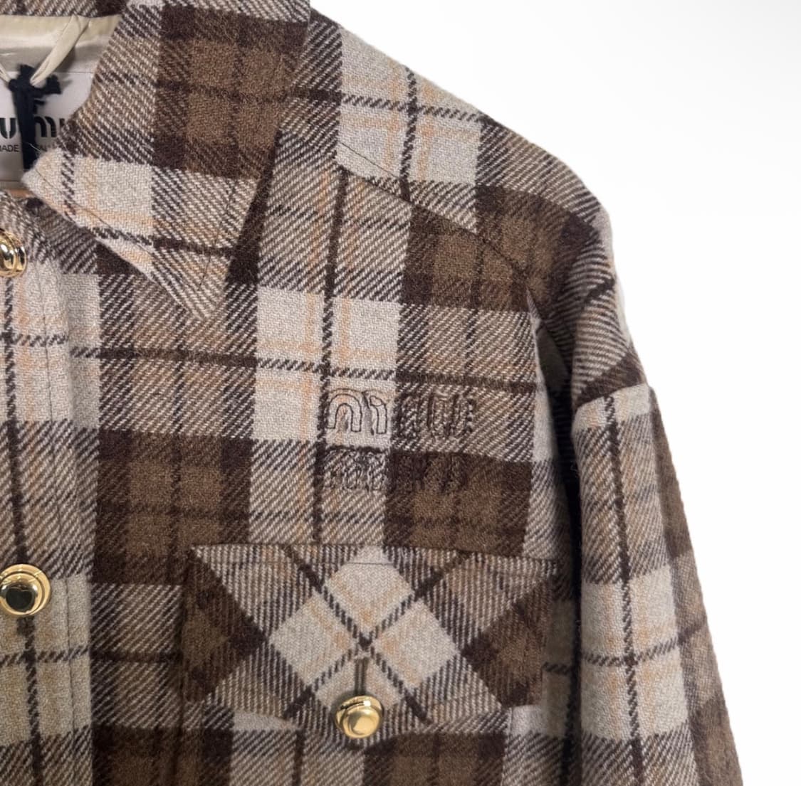 [40] 미우미우 여성 로고 체크 크롭 블루종 자켓 코코아 브라운 상품이미지7
