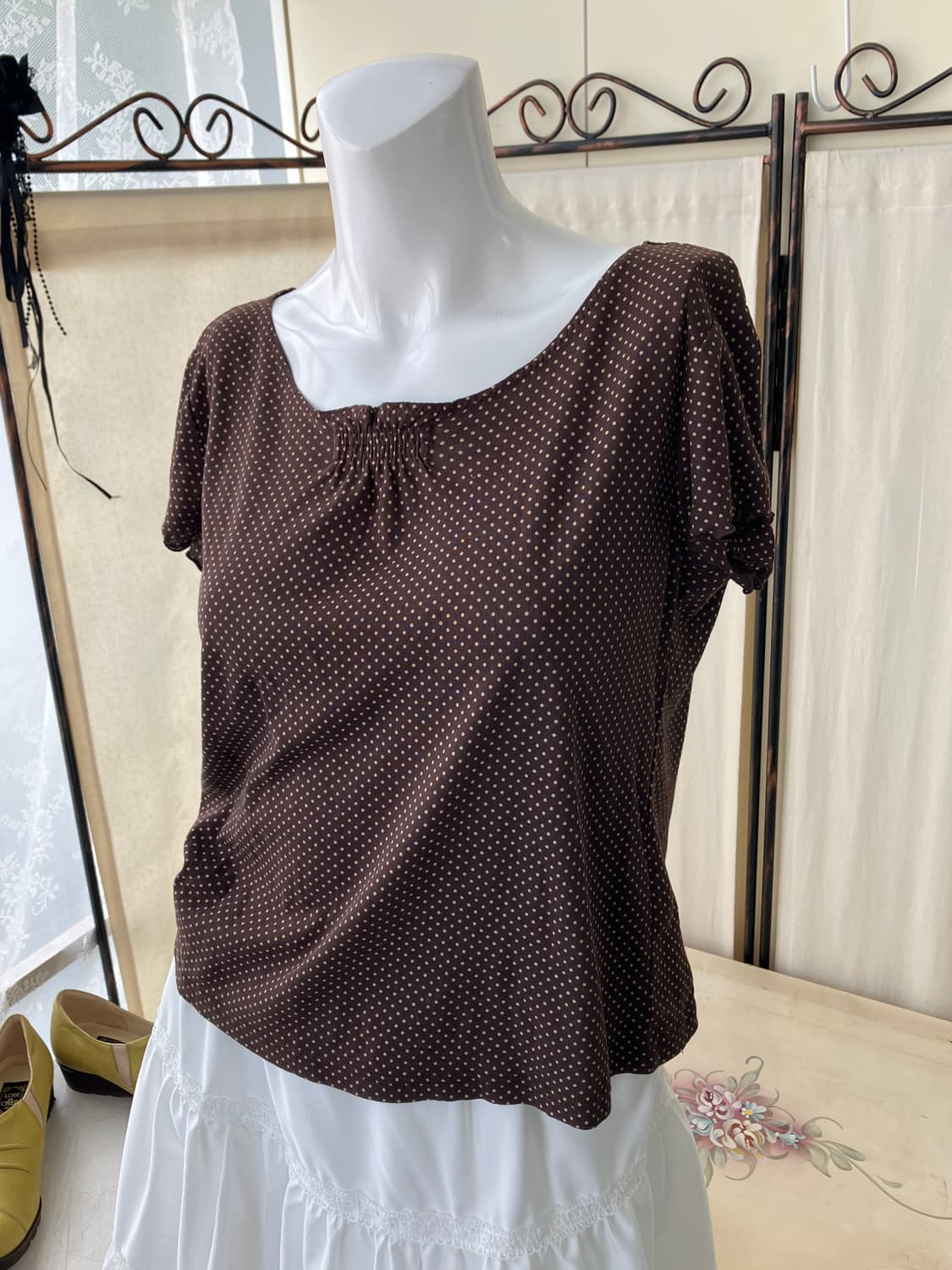 초코브라운 땡땡이 셔링 블라우스 1297 모리걸 일본빈티지 상품이미지7