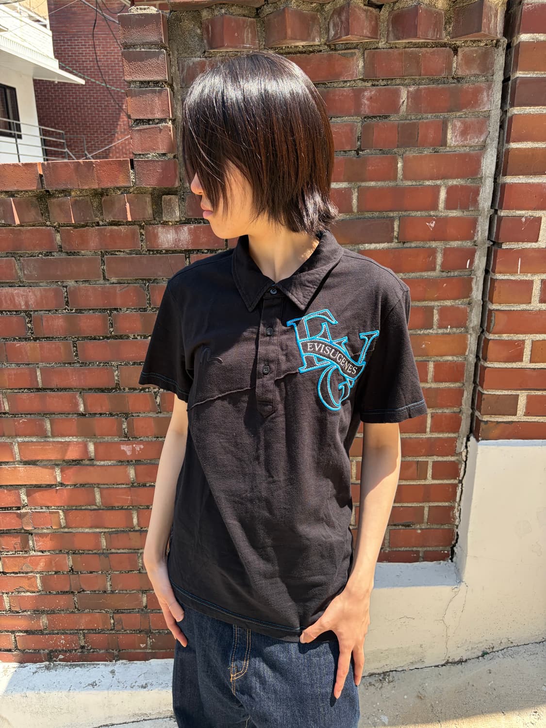 Evisu 블랙&블루 배색 반팔 카라 티셔츠 M 상품이미지2