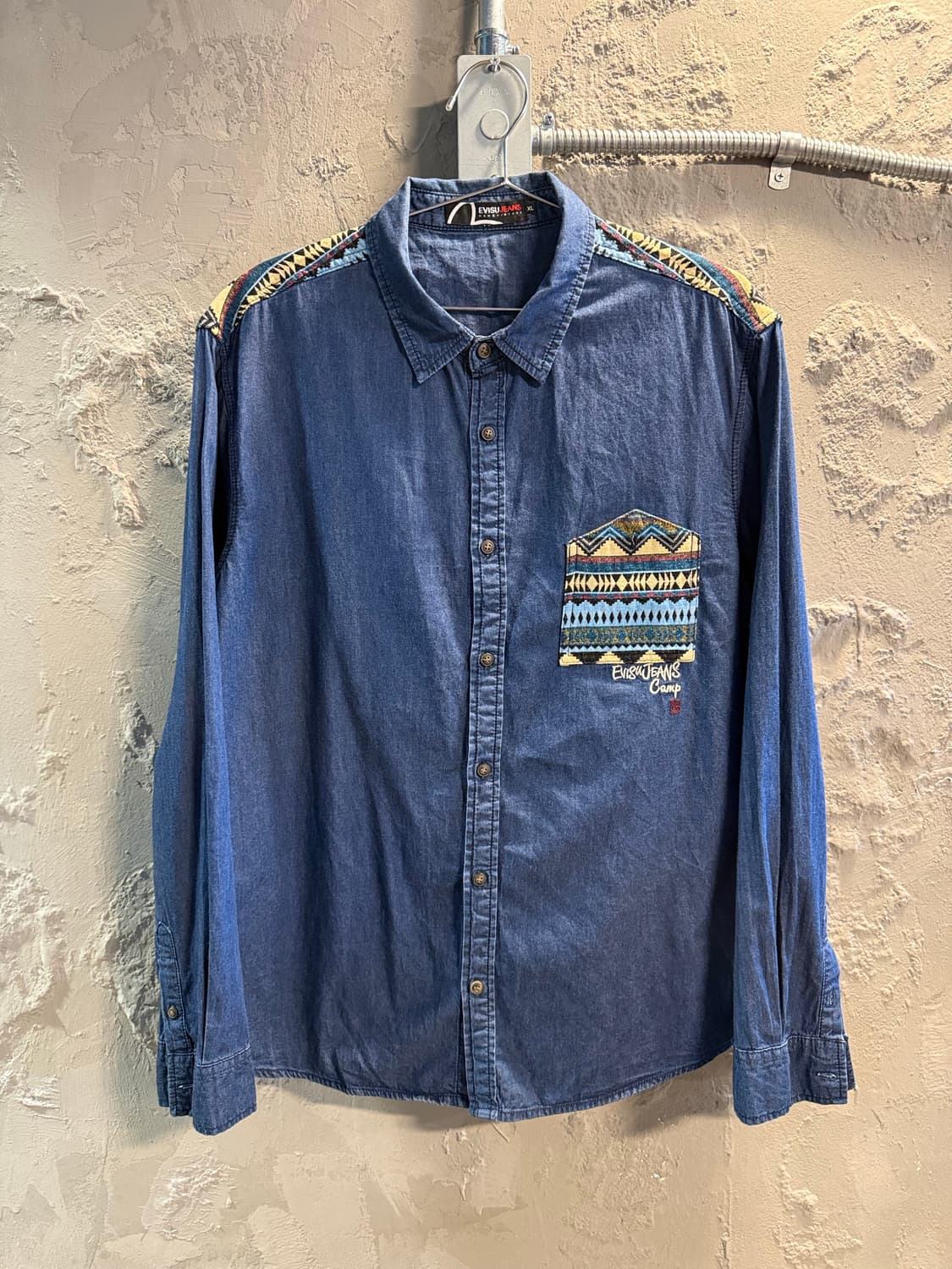 에비수 EVISU 에스닉 패치워크 데님 셔츠 인디고 XL 상품이미지1