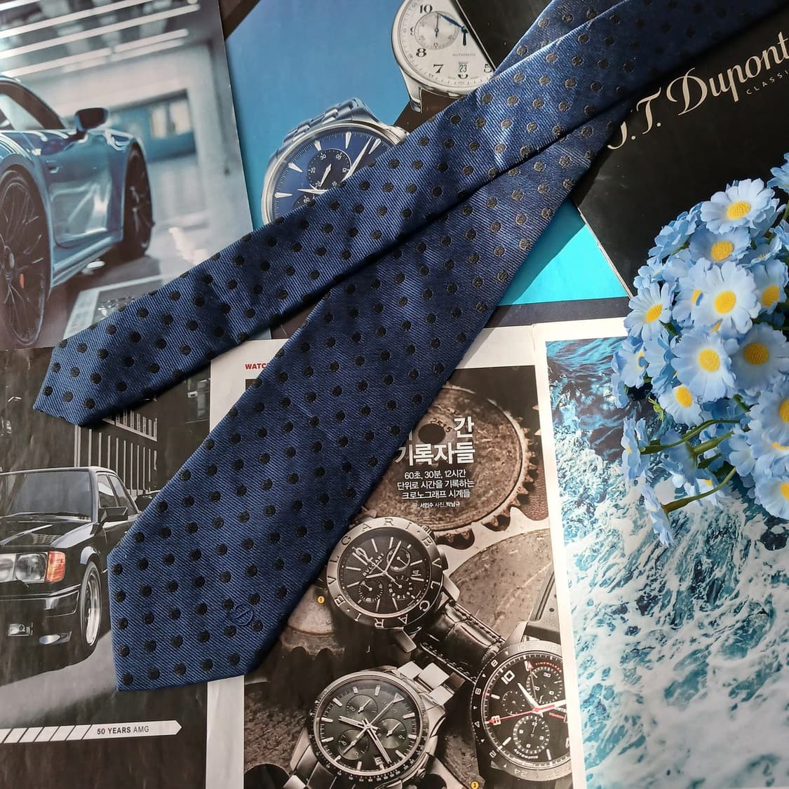 에스 티 듀퐁 실크 혼방 네이비 도트 넥타이 8cm A등급 A19434
 상품이미지5