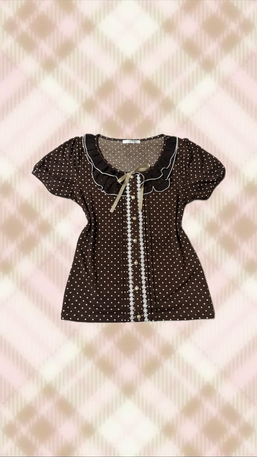 브라운 도트 땡땡이 리본 로걀탑 블라우스 라떼 히메 갸루 러블리 로걀 상품이미지1