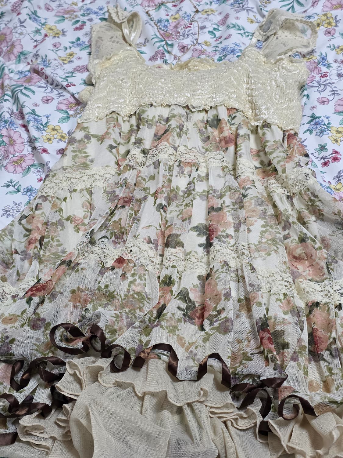 엑시즈팜 고전 일본빈티지)페어리계 모리걸 캉캉 패치워크st 플로럴 원피스 상품이미지4