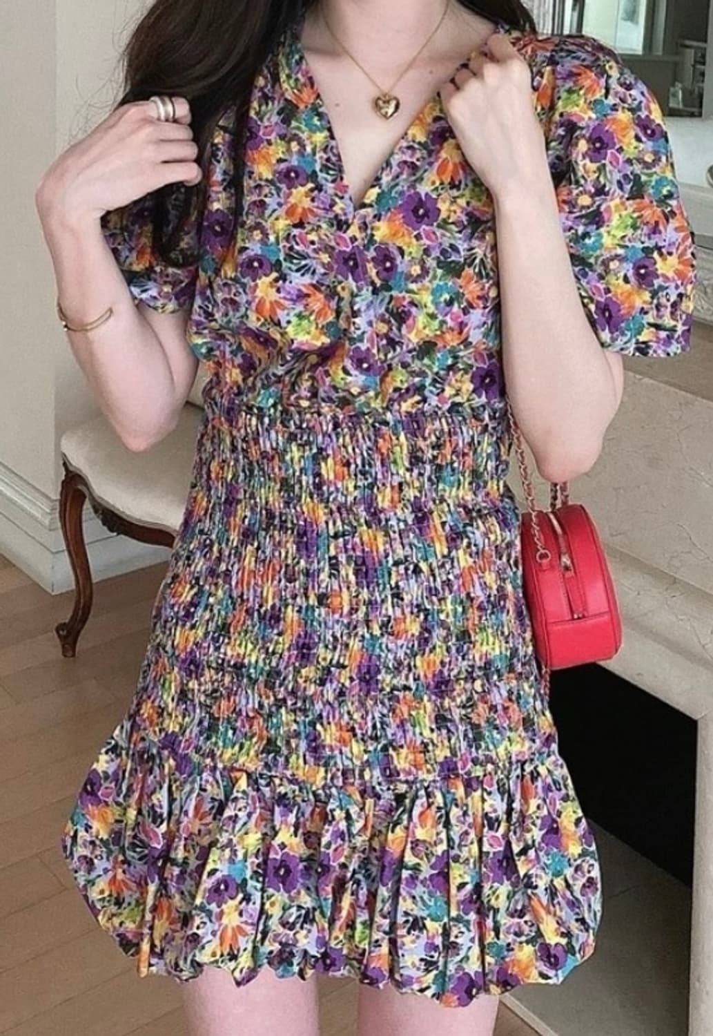 (1회착용) 자라 플로럴 퍼프 소매 셔링 미니 원피스 XS 상품이미지2