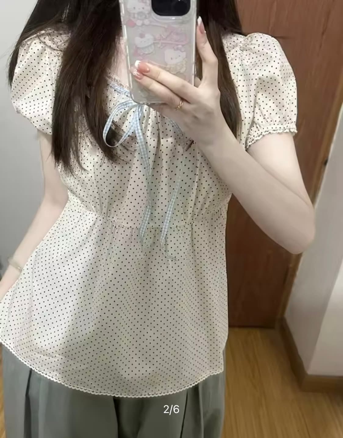 빈티지 모리걸 하구미 y2k 키치 도트 땡땡이 리본 반팔 퍼프 블라우스 상품이미지2