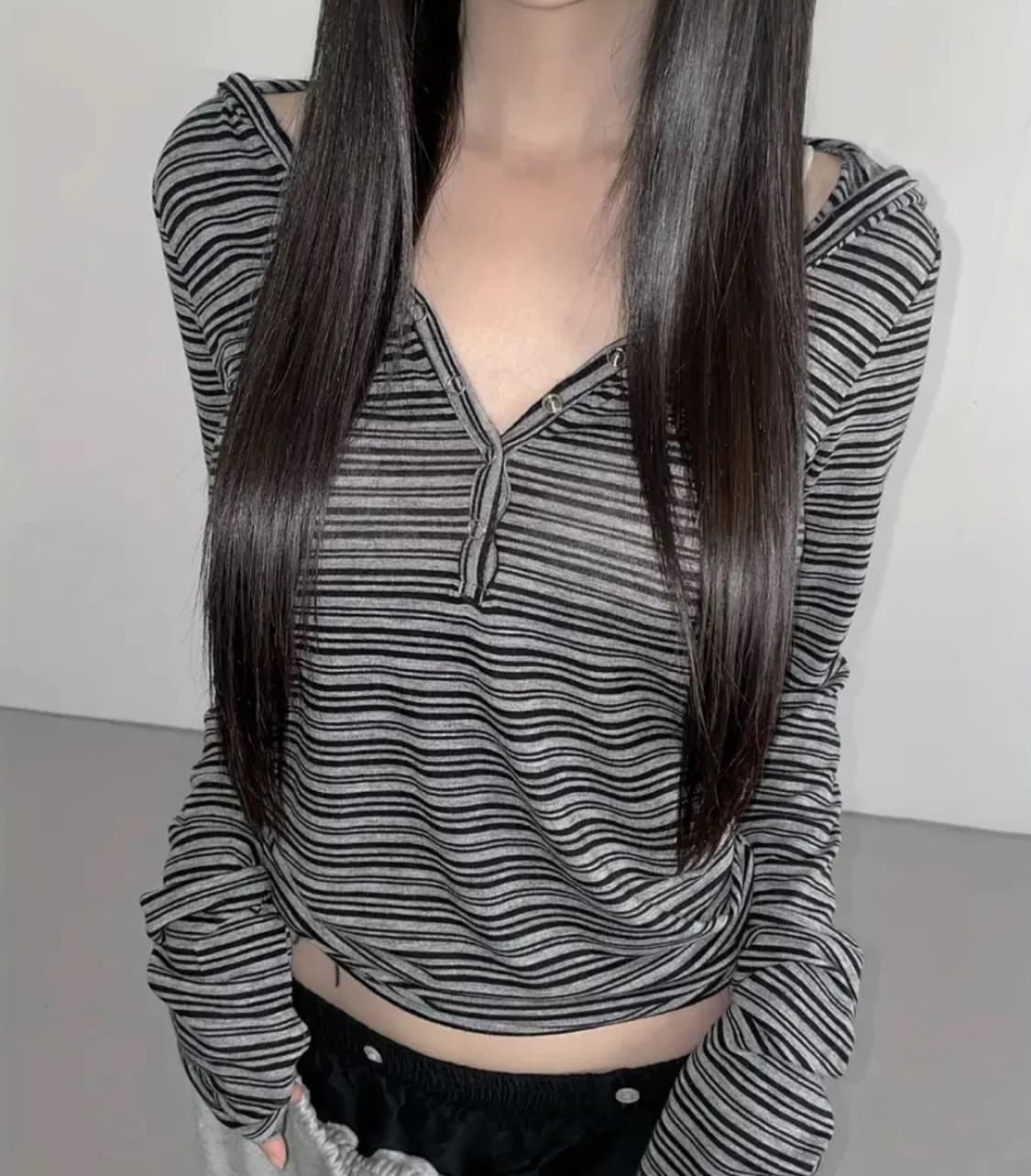 Y2K 스트라이프 후드 긴팔티 상품이미지1
