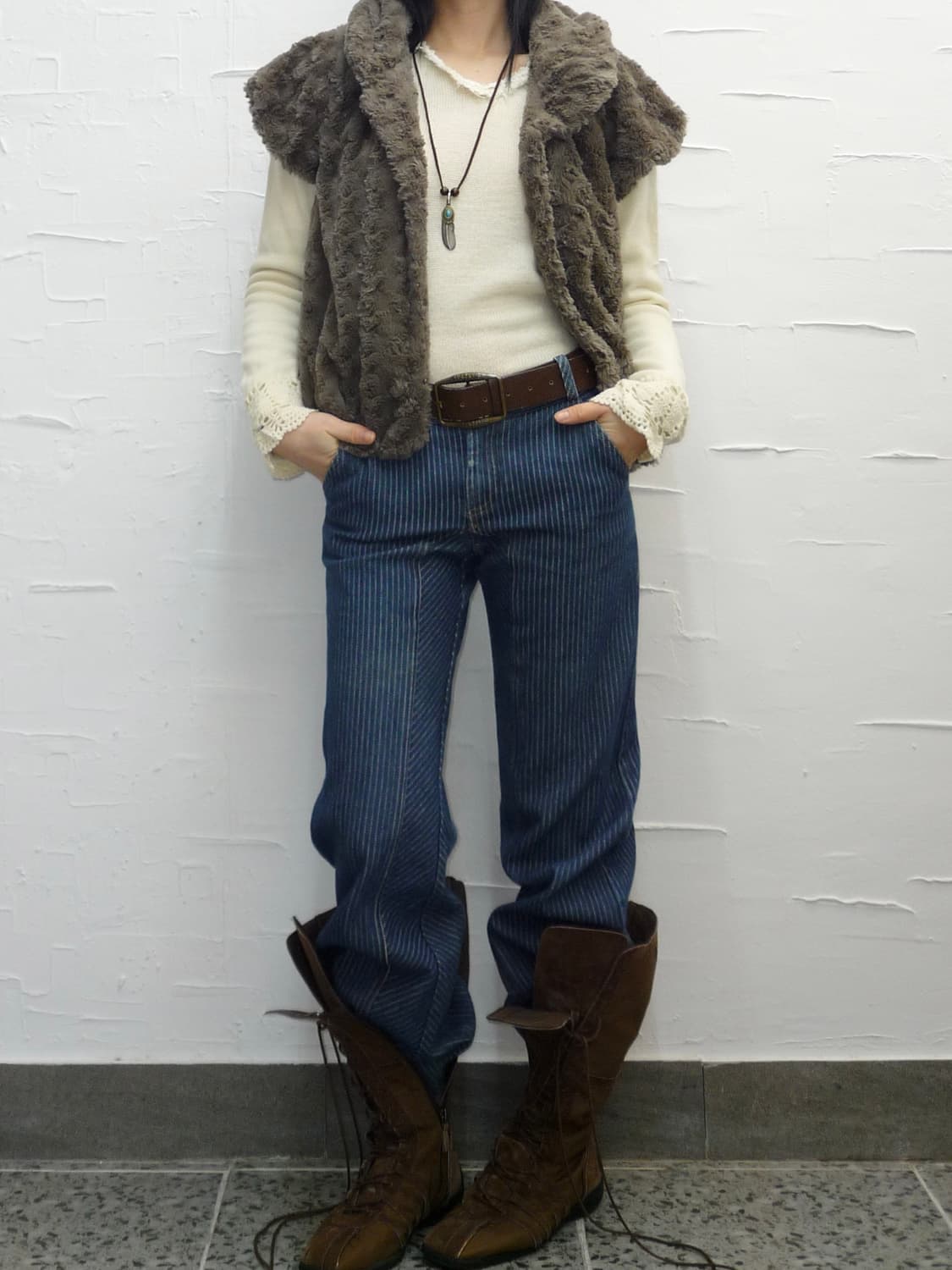 brown fur cap vest 상품이미지2