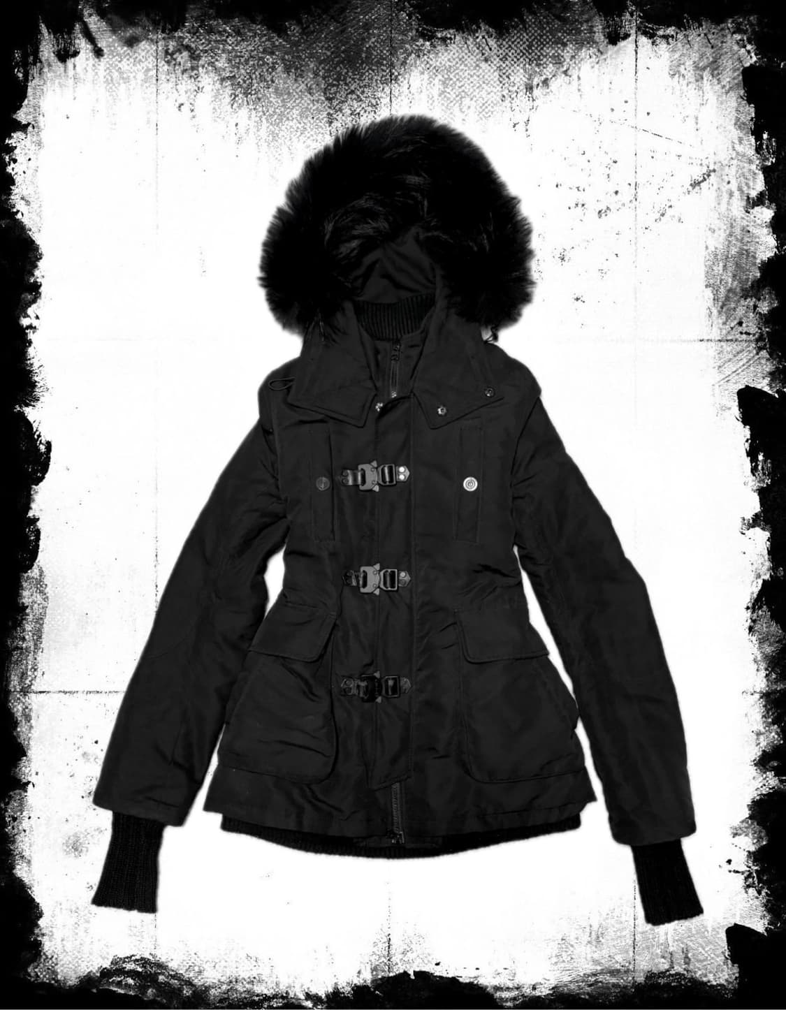 SLY 슬라이 블랙 퍼 후드 패딩 y2k 펑크 상품이미지1