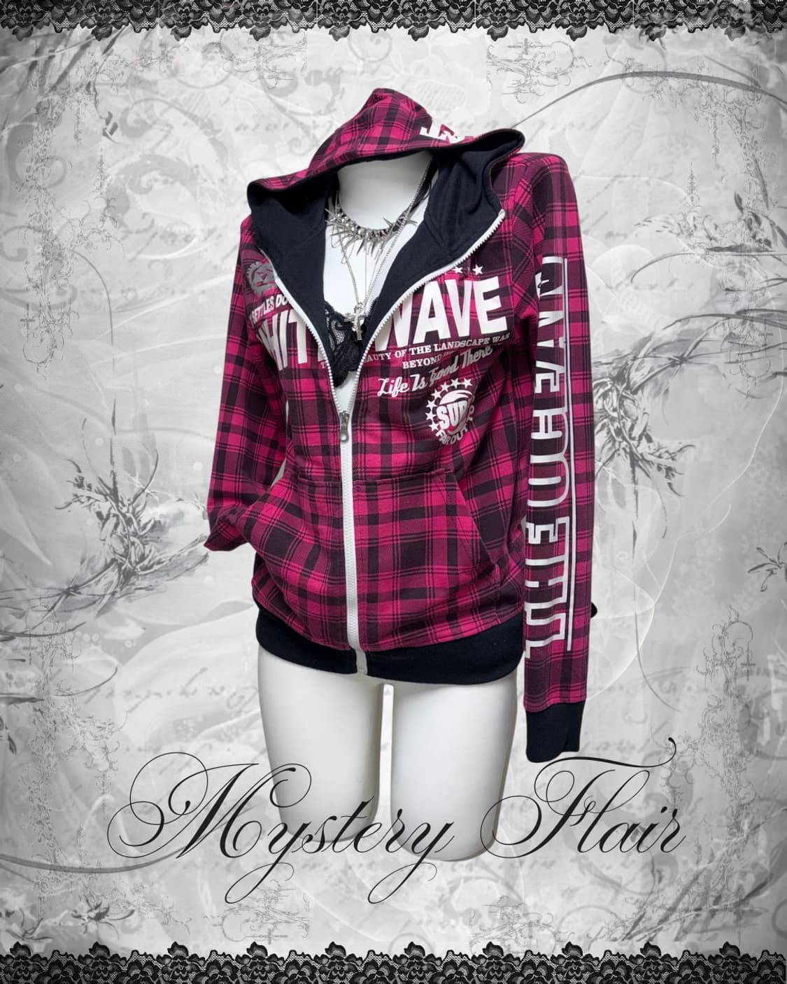 00s 갸루펑크 핫핑크 체크 레터링 후드집업 상품이미지2