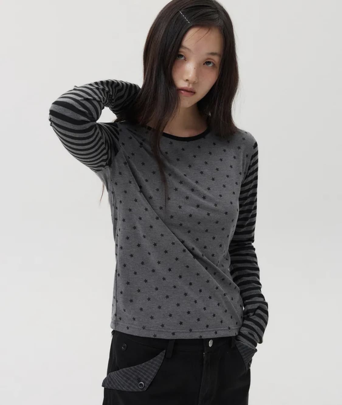 STAR STRIPE LONG T-SHIRT, CHARCOAL 상품이미지1