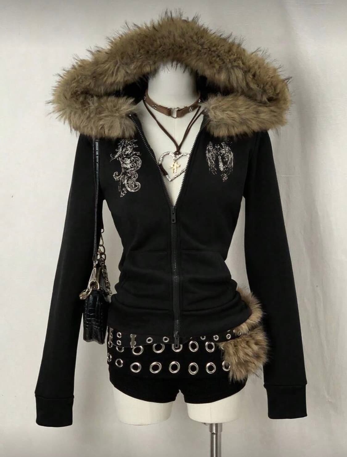 갸루 고스펑크 프린팅 퍼 후드집업 상품이미지1