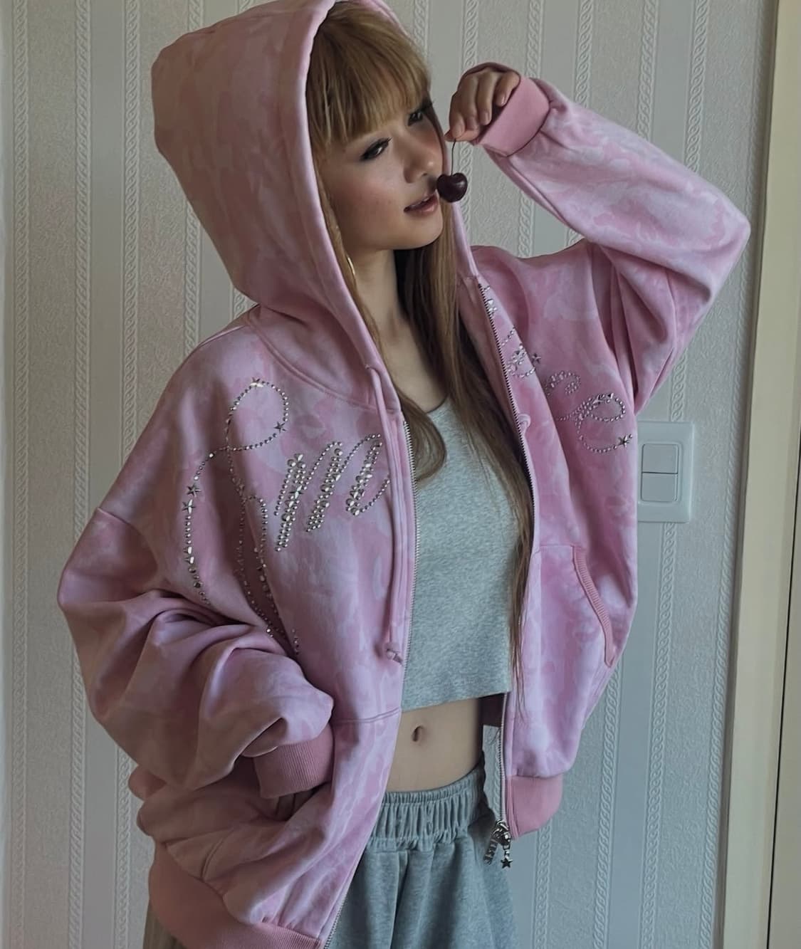 익스파이어드걸 라인스톤 후드집업 핑크 카모 상품이미지2