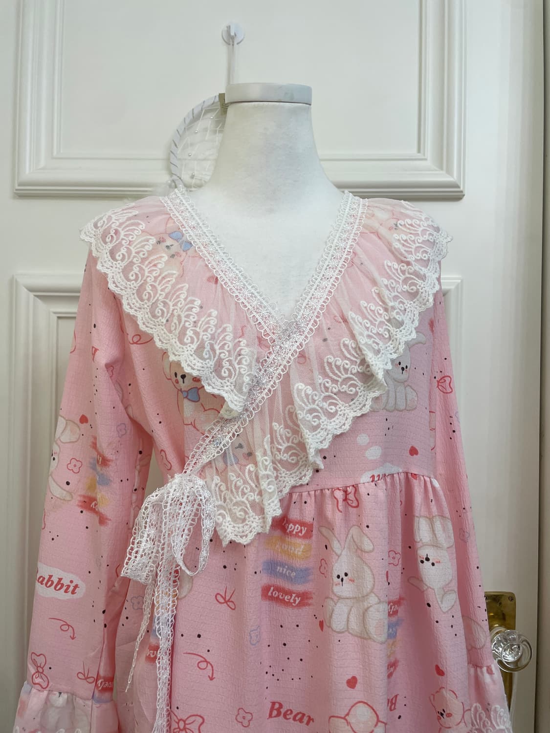 pink lace point bear print pajama set 상품이미지6