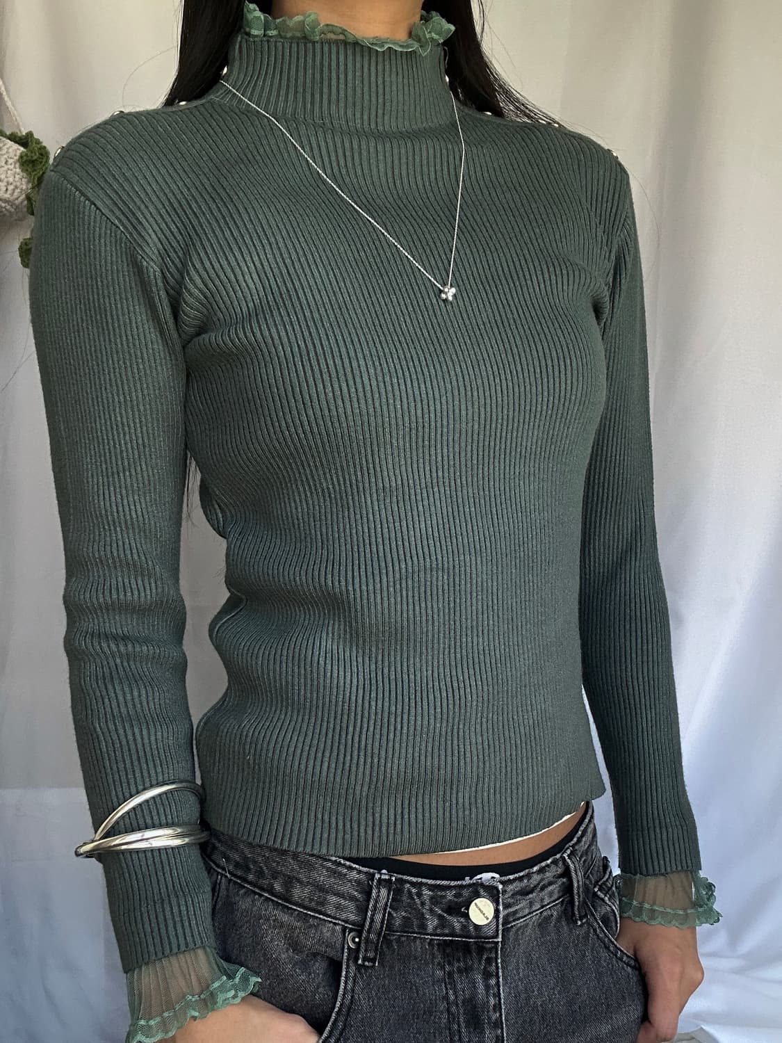 빈티지 레이스 레이어드 목폴라 니트 상품이미지2