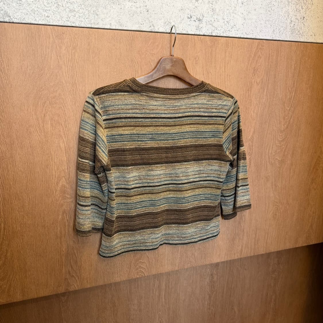 빈티지 코튼 7부 티셔츠 배색 스트라이프 패턴 라운드넥 디테일 브라운 상품이미지2