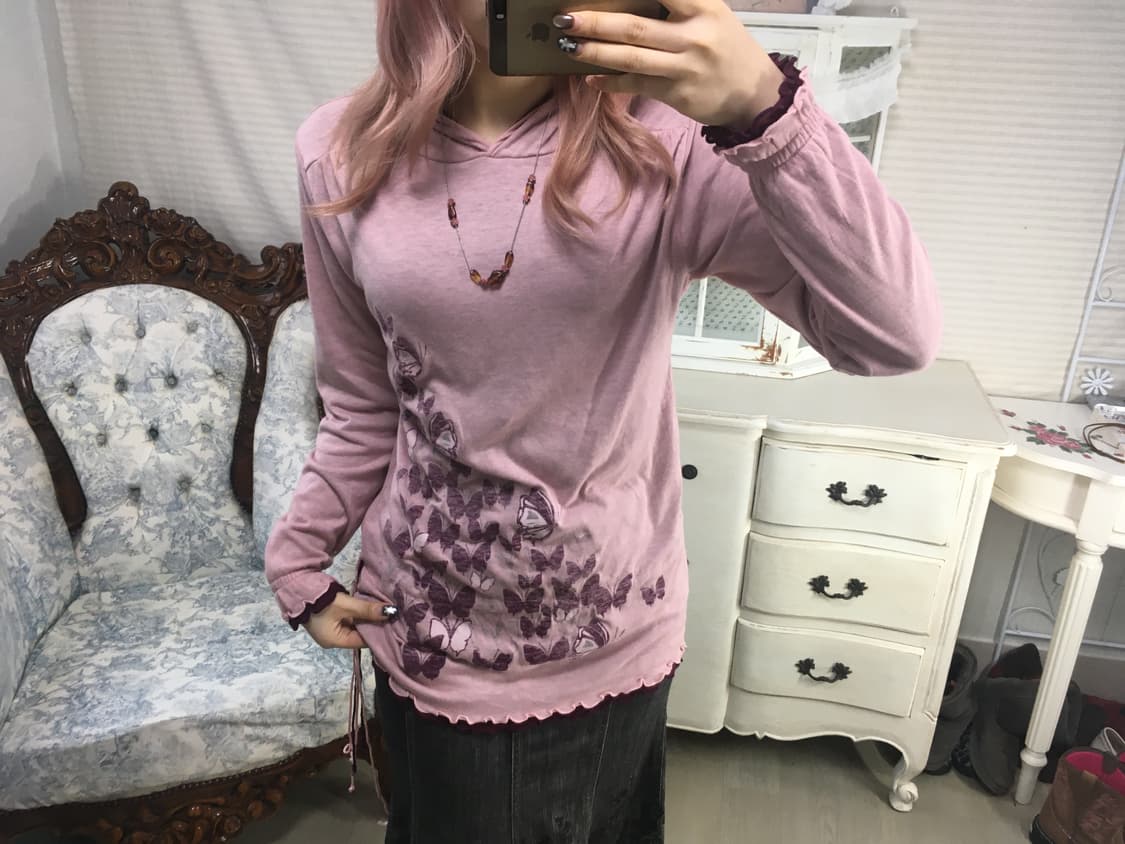 jpn vintage 오리엔탈 나비 셔링 후드티 상품이미지3