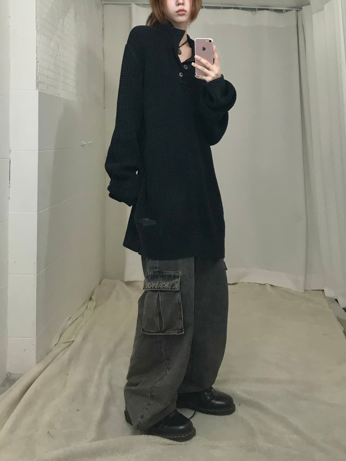 할리데이비슨 블랙 루즈핏 펑크 하프넥 와플 니트 상품이미지2