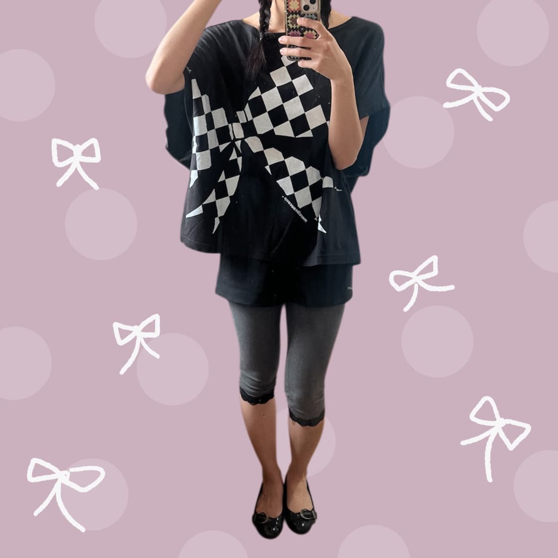 메르시보꾸 체커보드 리본 티셔츠 상품이미지1