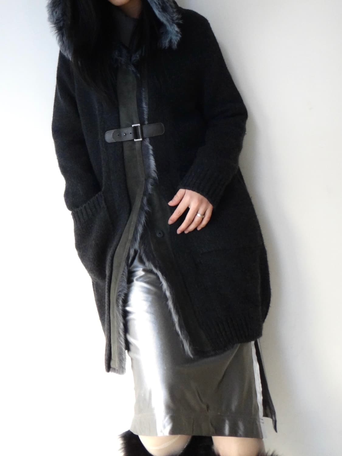 Leather mix buckle hoody cardigan / navy 상품이미지8