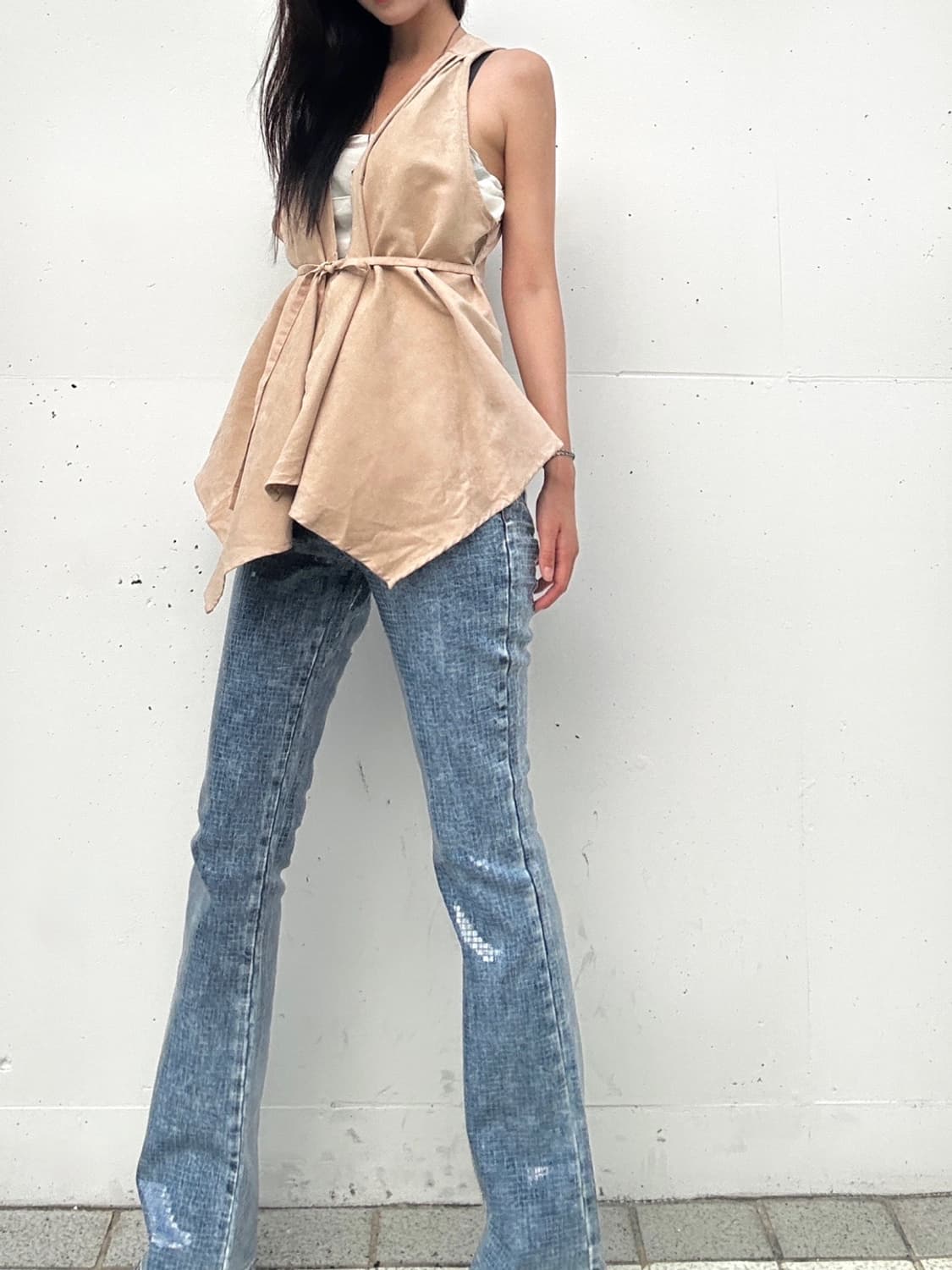 Western mini stud velvet vest / brown 상품이미지1