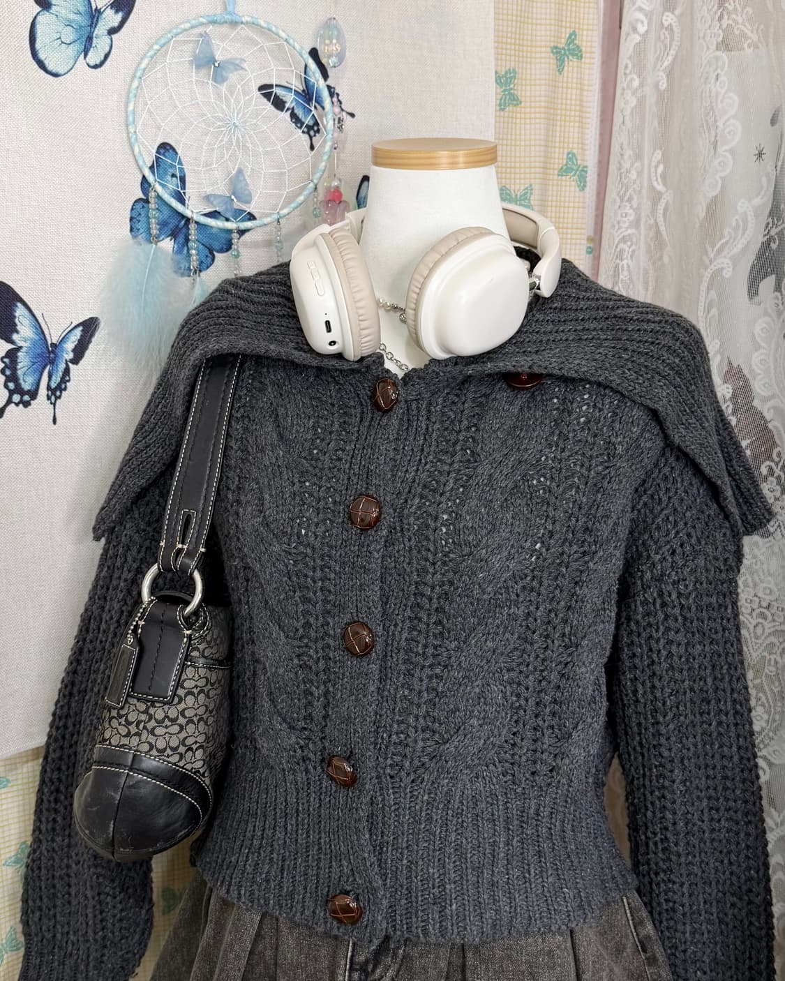 차콜 그레이 꽈배기 빅 카라 가디건 상품이미지5