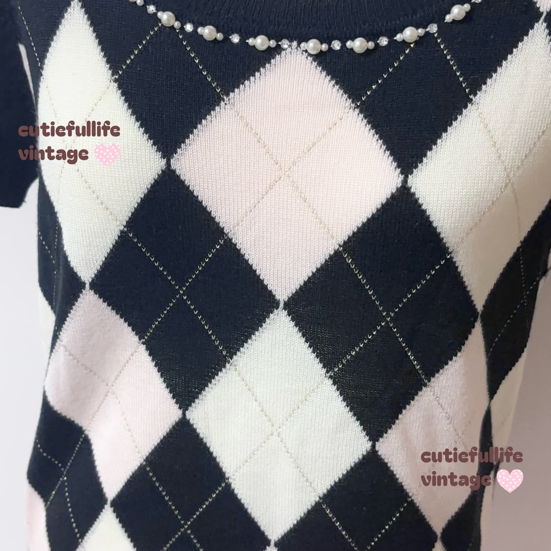 딸기우유 아가일 반팔 니트 탑 히메갸루 상품이미지3