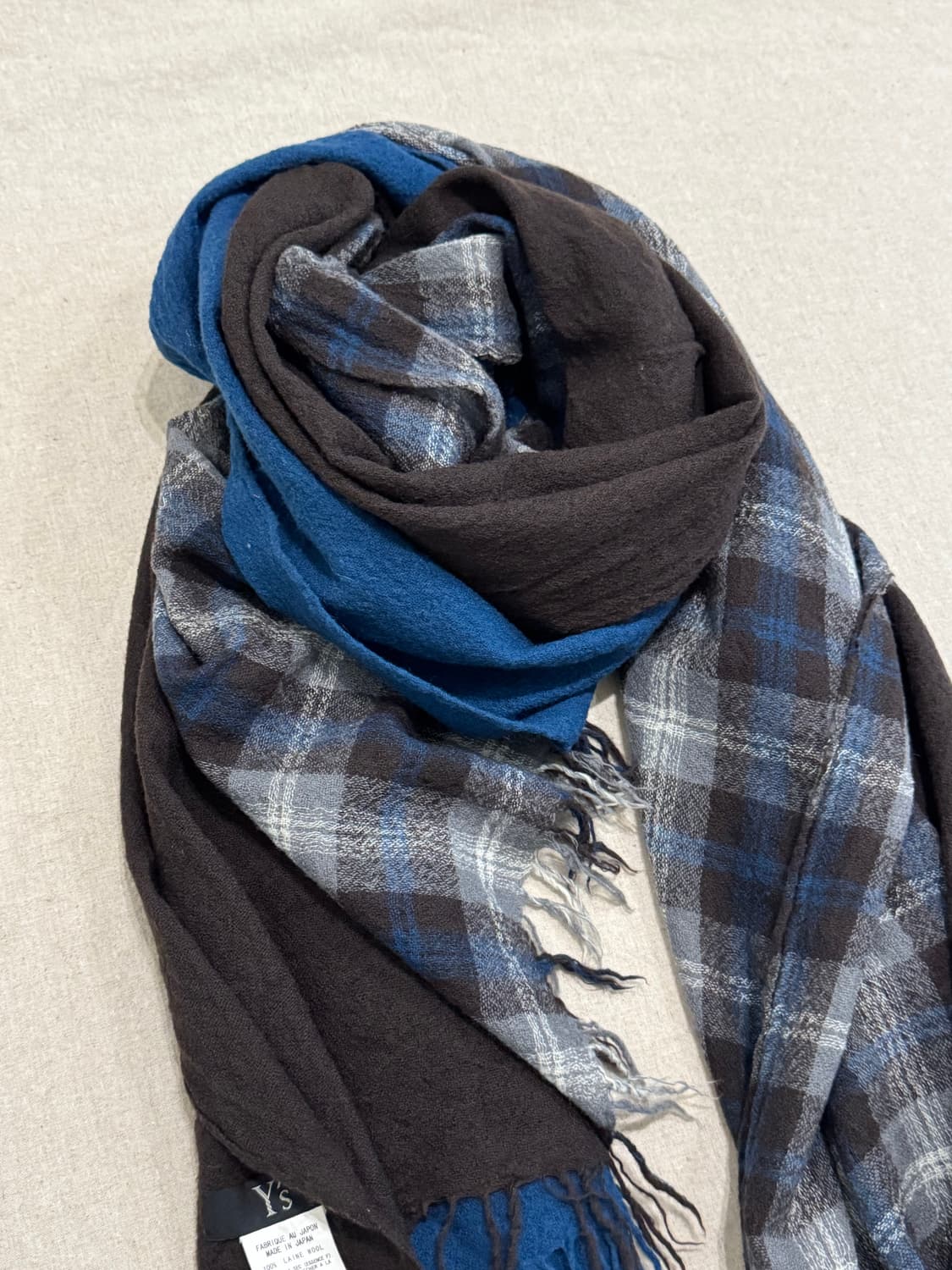 요지야마모토 브라운 체크 레이어드 울 머플러 상품이미지2