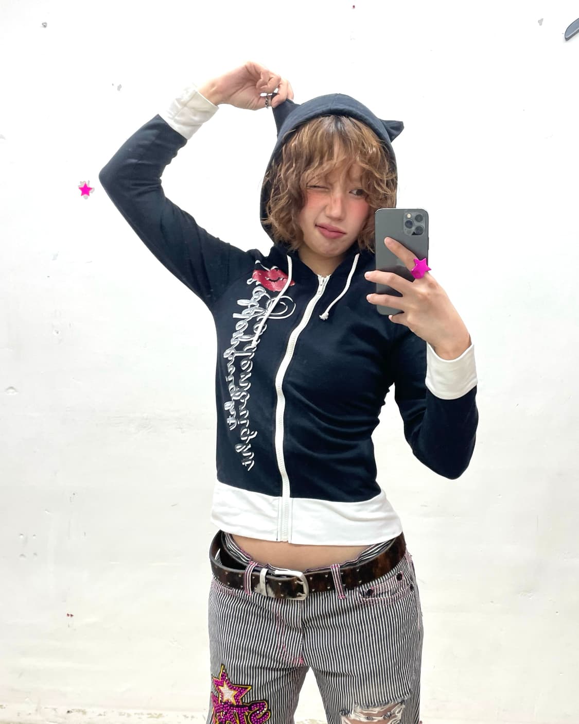 Cat Lips Girl Black Hood Zip-Up 상품이미지1