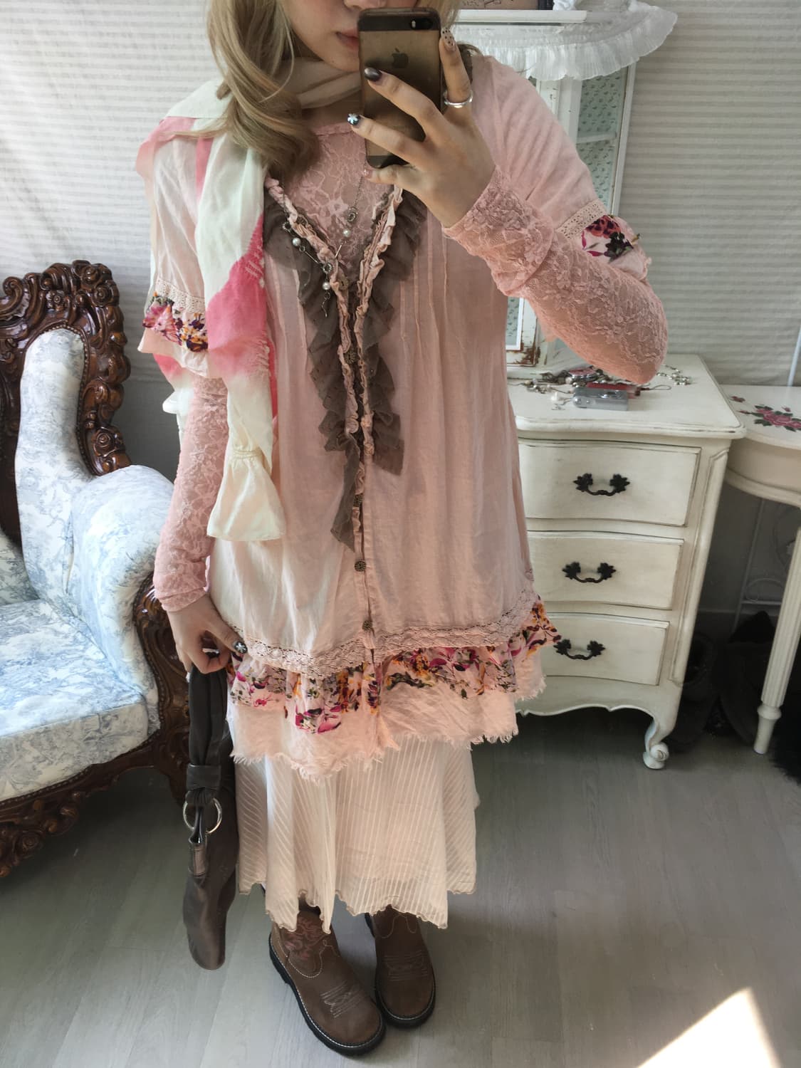 Set) 빈티지 핑크 플라워 레이스 원피스+블라우스+머플러 상품이미지2