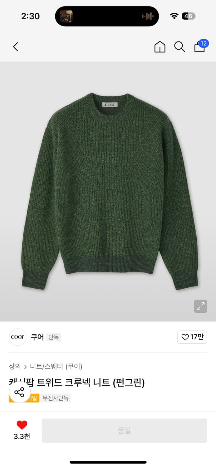 Coor 쿠어 캐시팝 트위드 크루넥 니트 (펀그린) m 상품이미지1