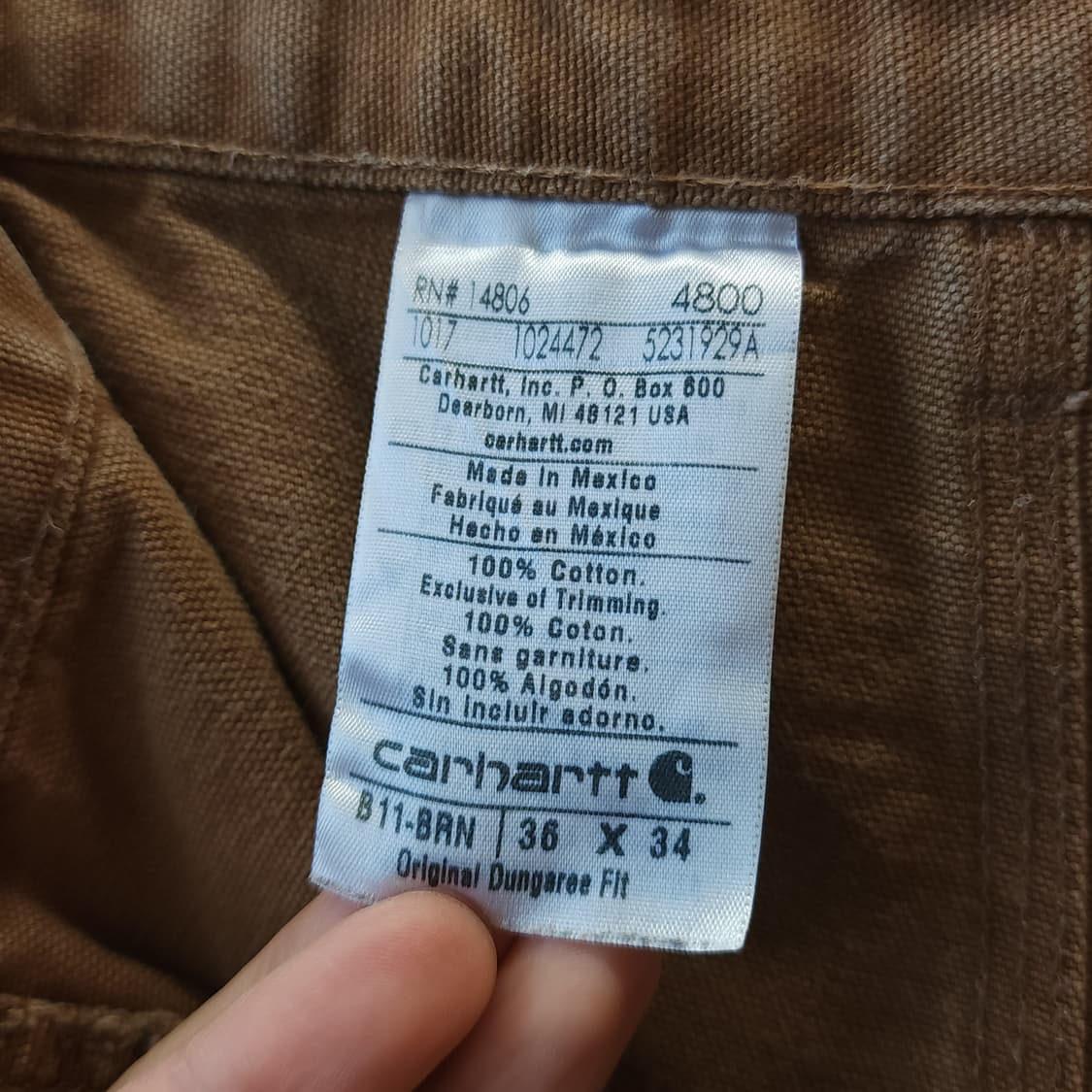 칼하트 싱글니 카펜터 워크팬츠 브라운 덕캔버스 36x34 상품이미지6