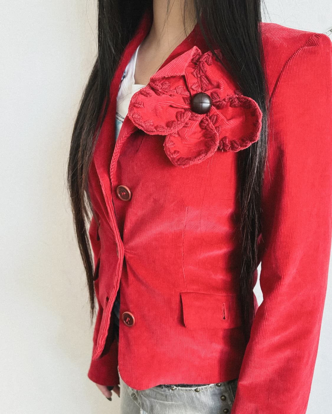 모스키노 by 제레미스캇 레드 플라워 브로치 핀코듀로이 크롭컷 자켓 상품이미지2