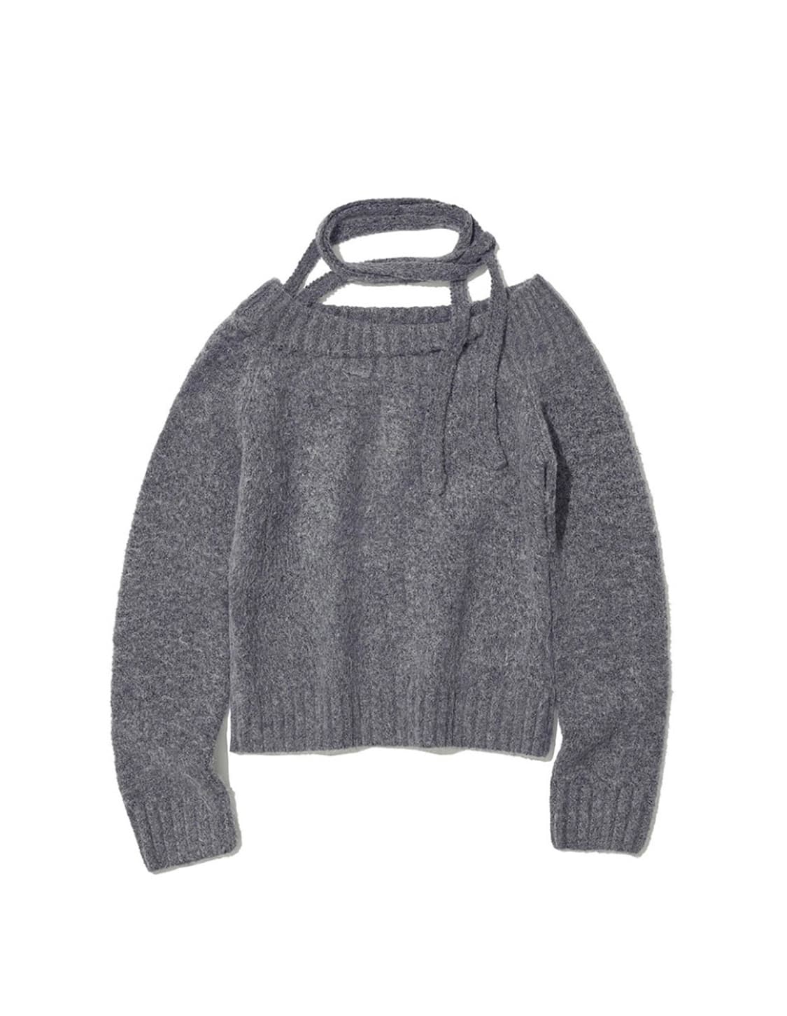 파르티멘토우먼 타이넥 스트랩 언발란스드 니트탑 차콜 리본그레이스카프원숄더 상품이미지9